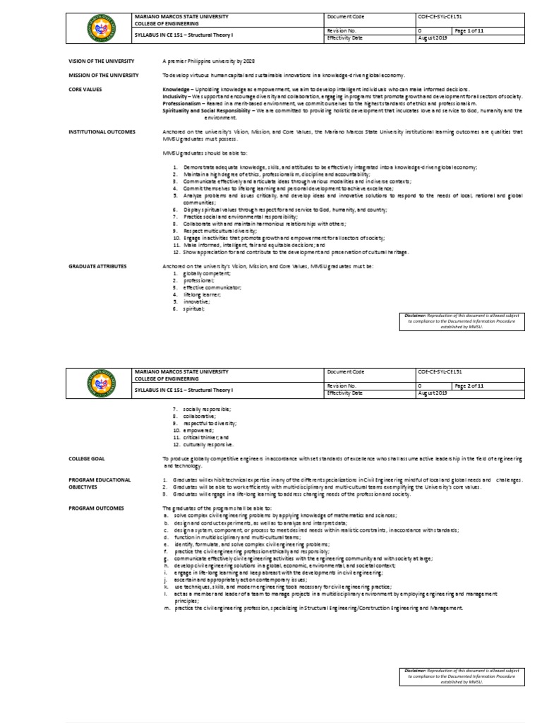 CE 151: Structural Theory Syllabus | PDF | Beam (Structure) | Bending