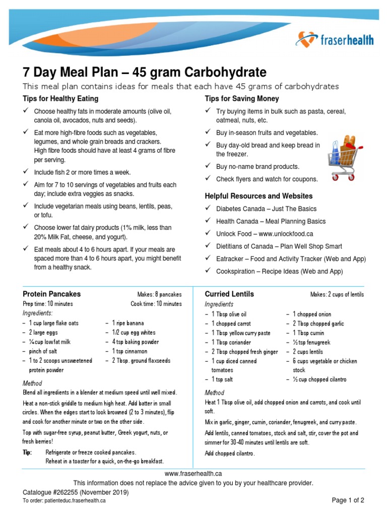 7 Day Meal Plan 45 Gram Carbohydrate 339 | PDF | Legume | Foods