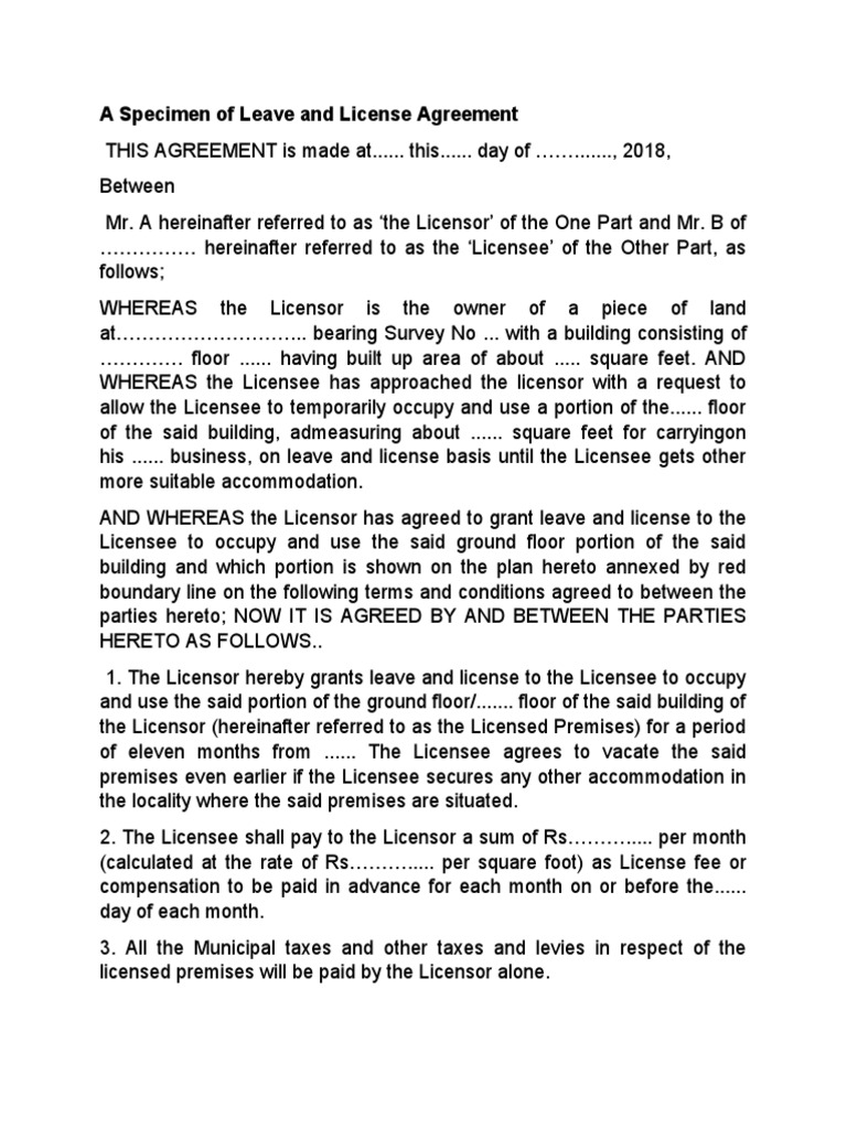 A Specimen of Leave and License Agreement | PDF | License | Private Law