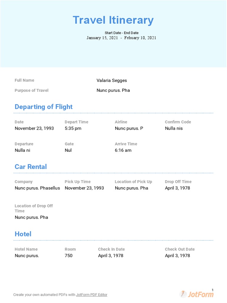 Travel Itinerary Sample PDF