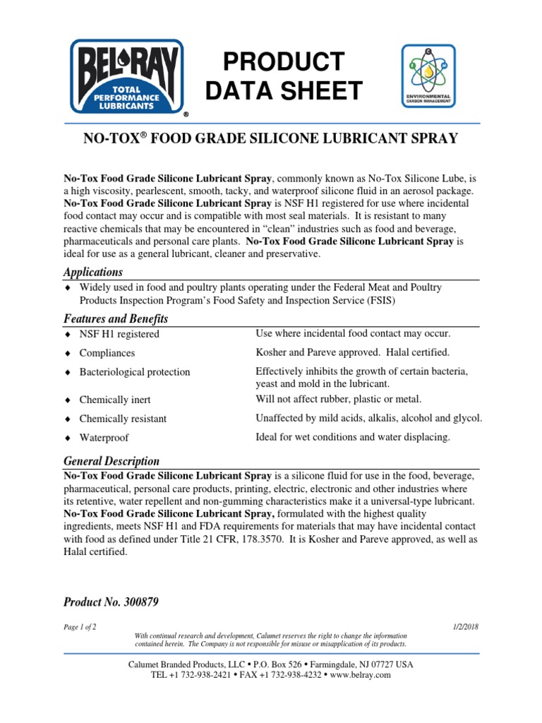 No Tox Food Grade Silicone Lubricant Spray PDF Silicone Foods