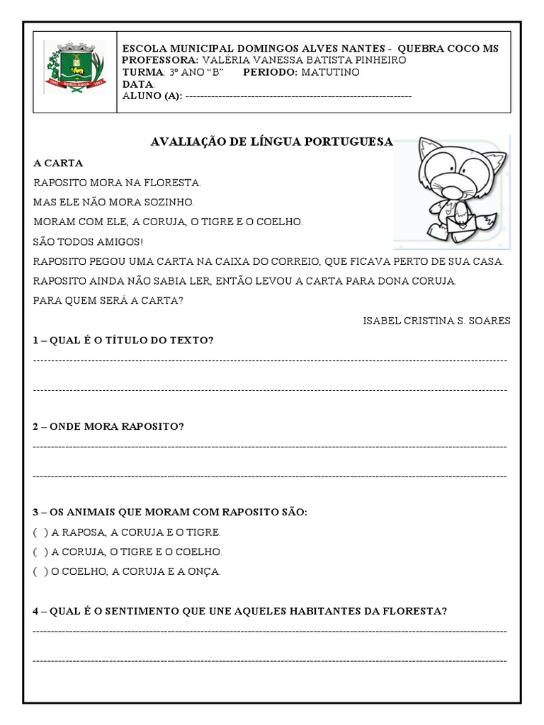 Avaliação de Língua Portuguesa - 3º Ano | PDF