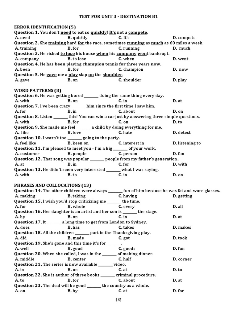 Unit 3 Test - Destination B1 | PDF | Vietnam