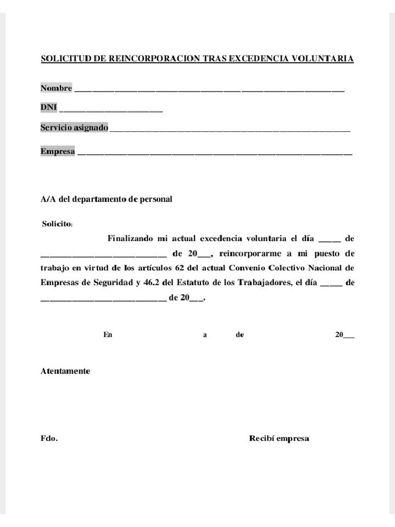 Solicitud de Reincorporación Tras Excedencia Voluntaria PDF