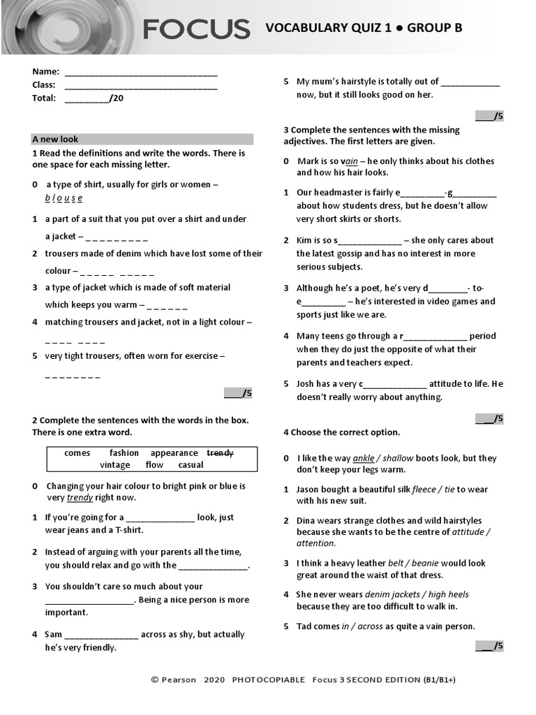 Focus 3 Unit 1 Vocabulary Quiz B | PDF | Trousers | Softlines (Retail)