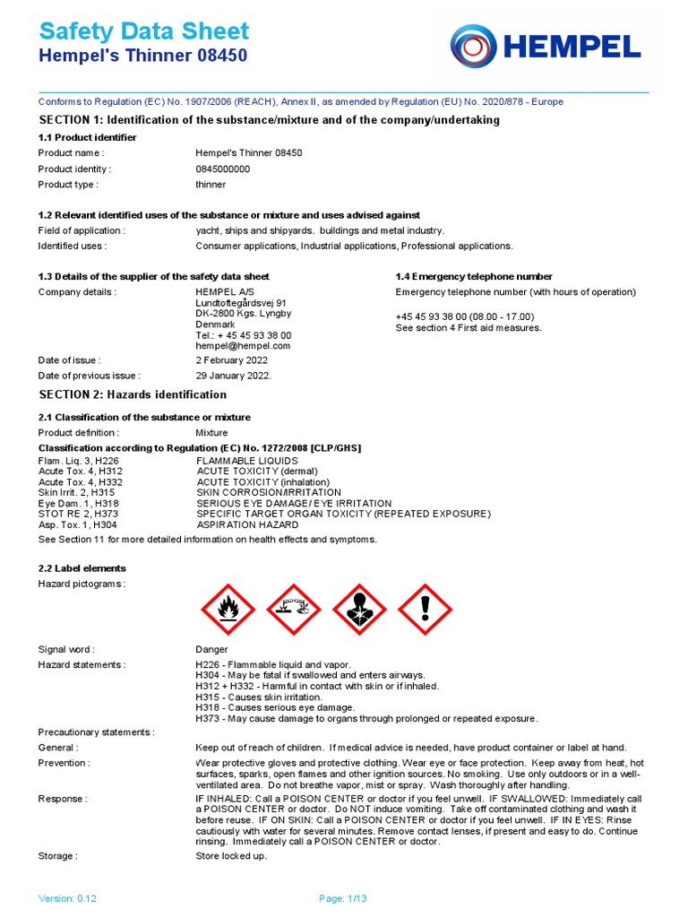 SDS Hempel Thinner 08450 PDF Toxicity Personal Protective Equipment