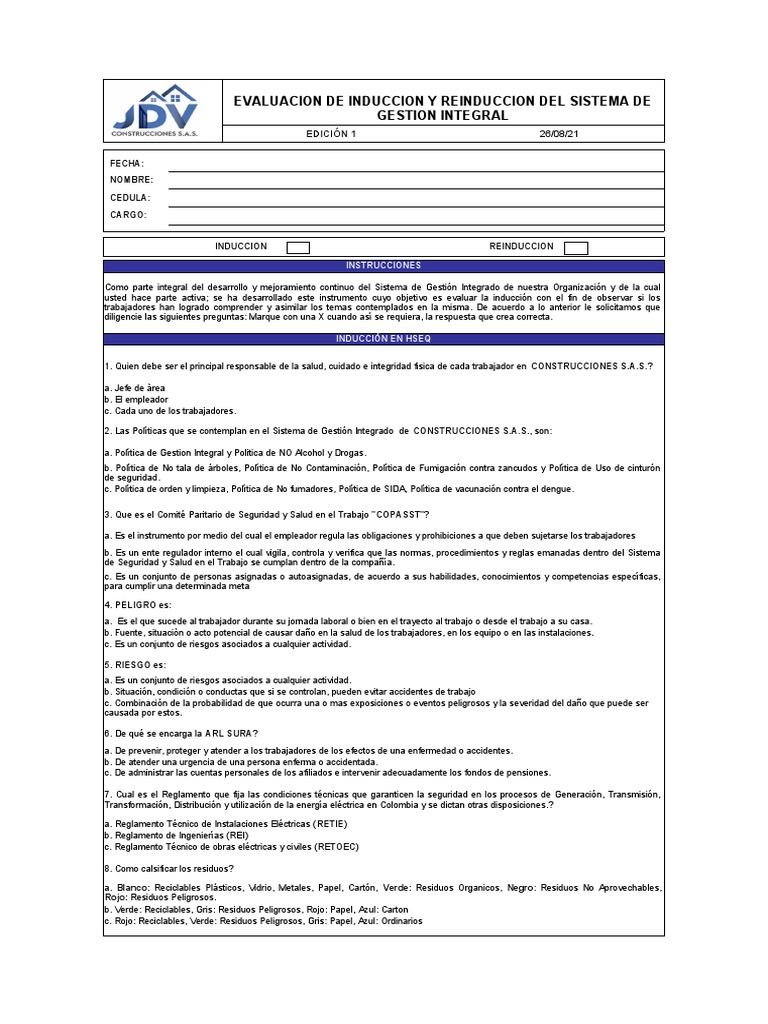 Evaluacion De Induccion Del Sgi Pdf Residuos Enfermedades Y