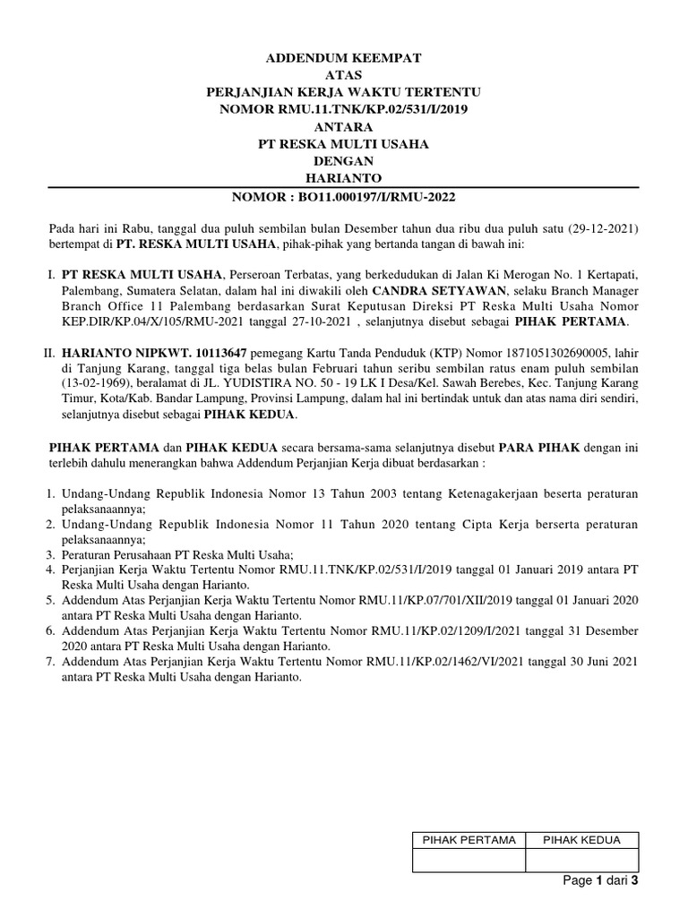 Addendum Keempat Perjanjian Kerja | PDF | Bisnis | Pengelolaan Keuangan ...