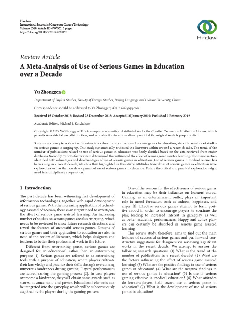 A MetaAnalysis of Use of Serious Games in Education Over A Decade