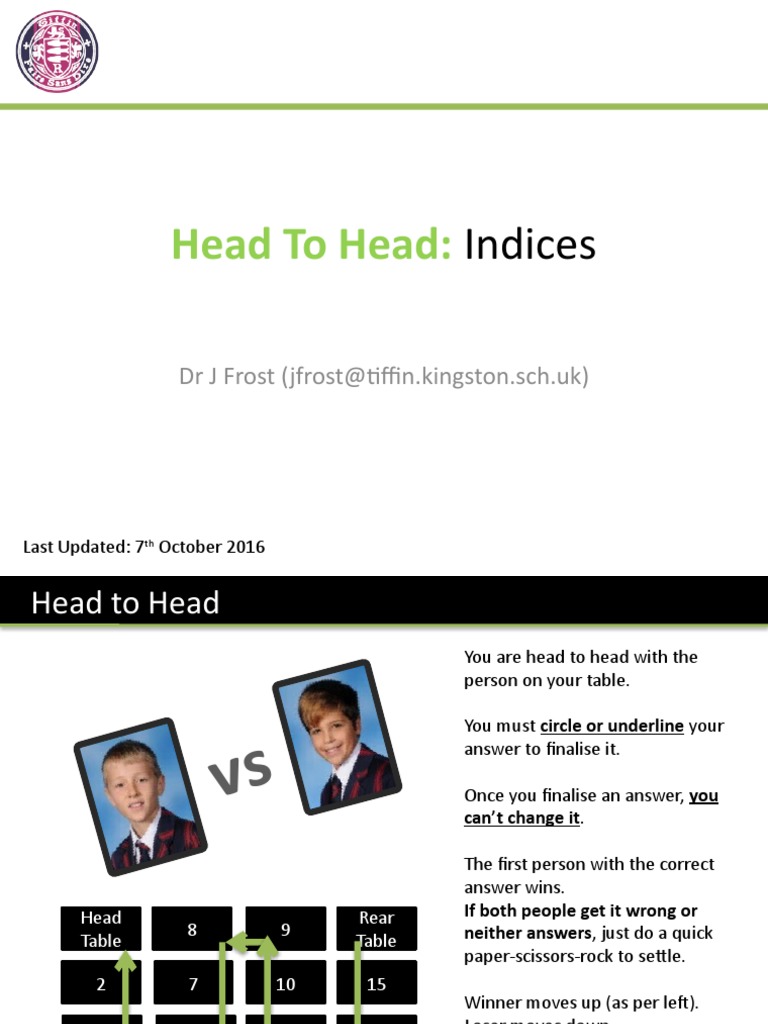 Indicies vs Head to Head PDF Mathematical Objects Mathematics