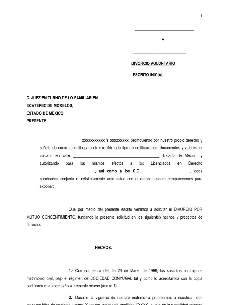 ESCRITO INICIAL DE DIVORCIO ESTADO DE MÉXICO