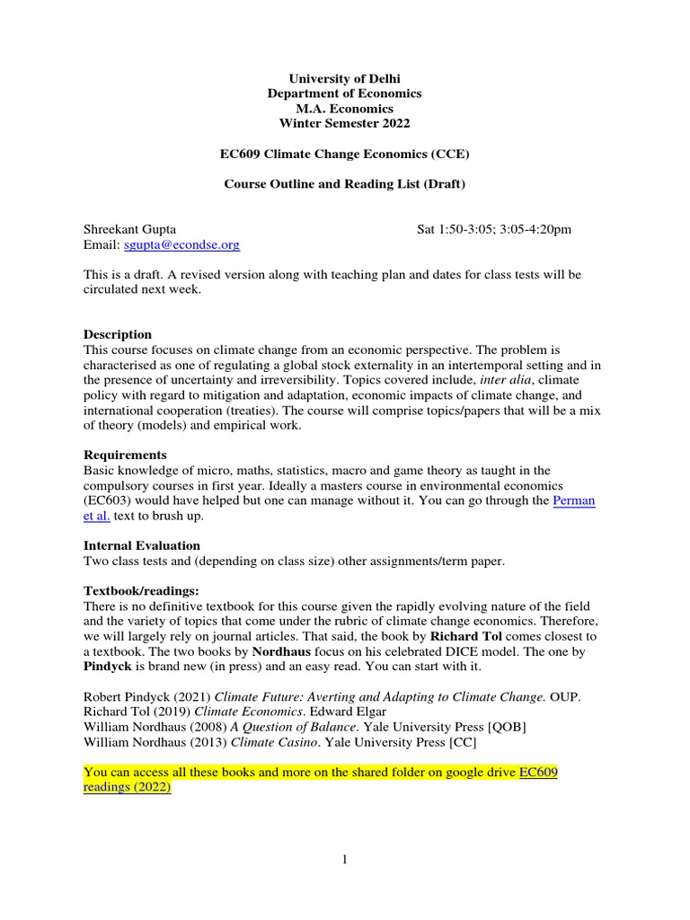 Climate Change Economics Course Outline | PDF | Climate Change ...