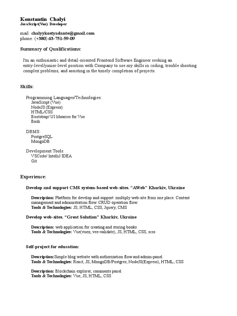 CV Constantin Chaliy FrontEnd VueJS Dev PDF
