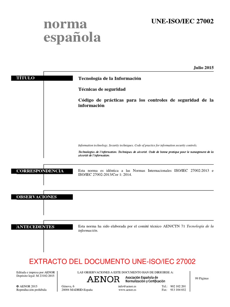 Código de Prácticas ISO 27002 AENOR | PDF | Seguridad de información ...