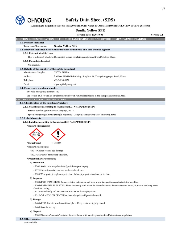 Sunfix Yellow SPR Safety Data Sheet | PDF | Dangerous Goods ...