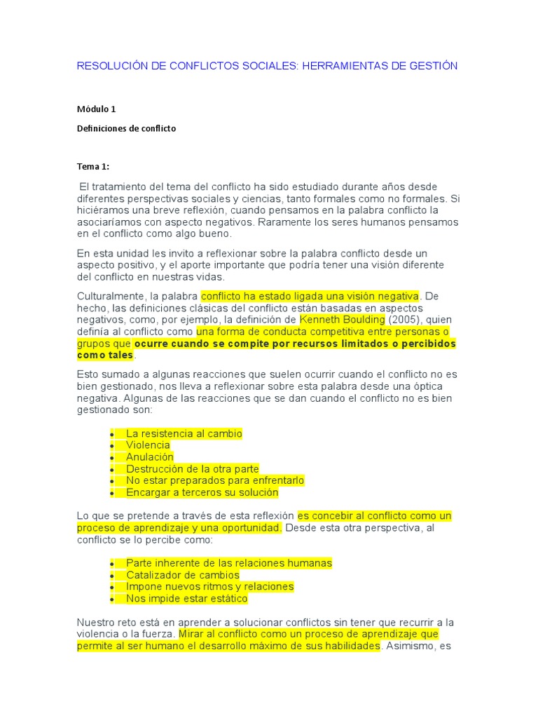 Tipos y Gestión de Conflictos Sociales | PDF | Conflicto (proceso ...