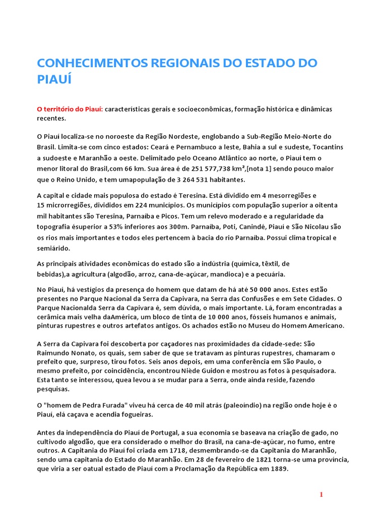 Conhecimentos Regionais Do Piauí | PDF