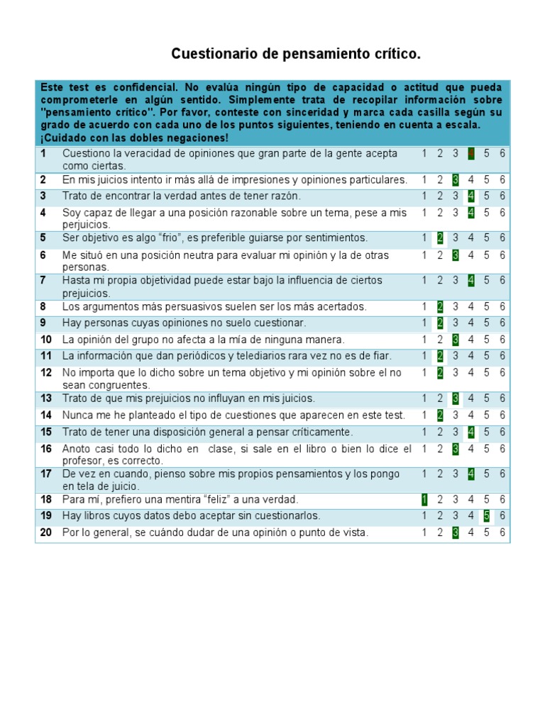 Cuestionario de Pensamiento Crtico | PDF | Pensamiento crítico ...