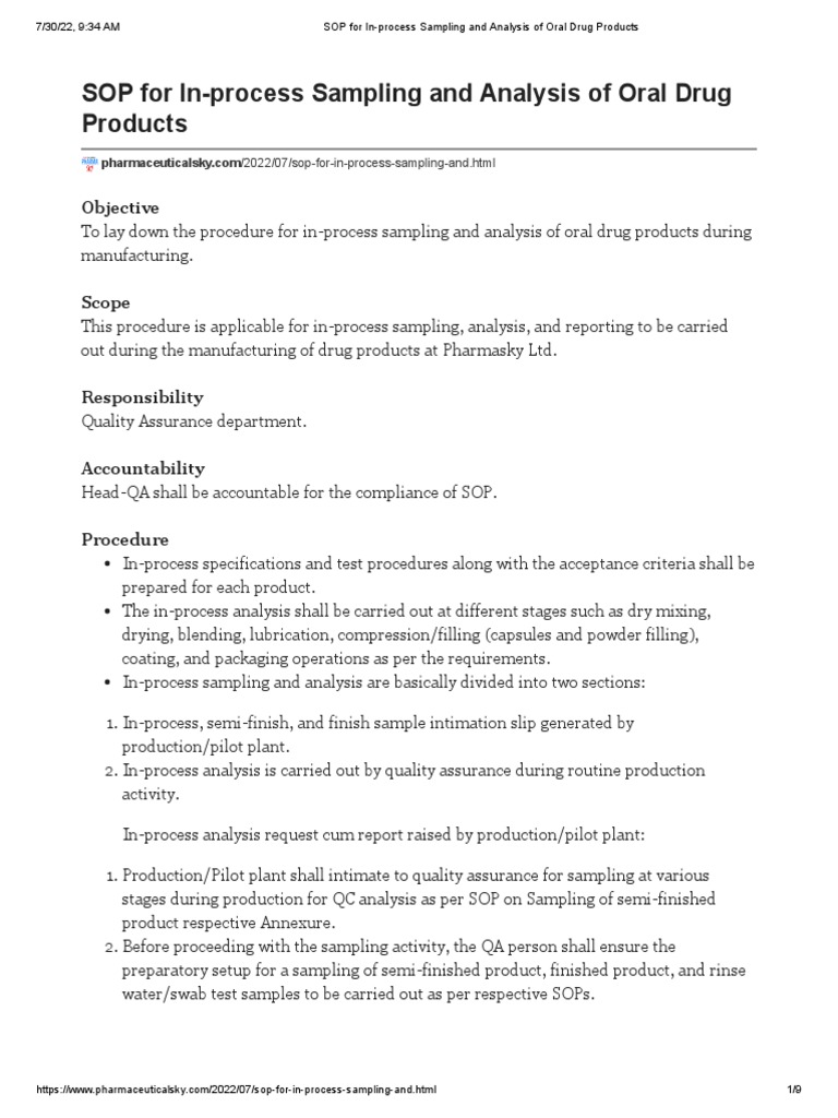SOP For InProcess Sampling and Analysis of Oral Drug Products PDF