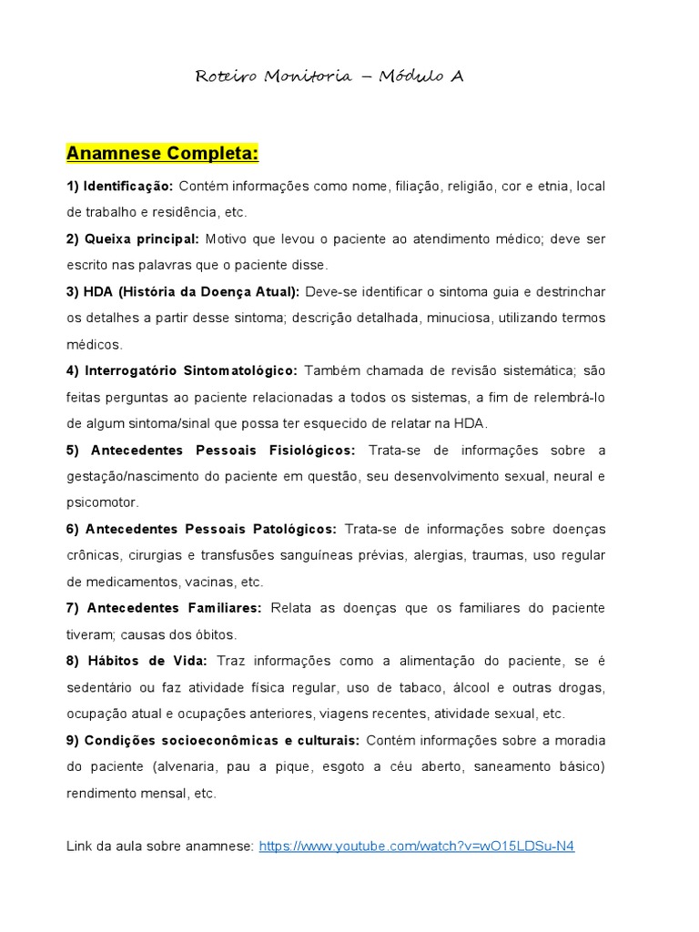 Anamnese Completa - Roteiro de Anamnese Completa, Simples, prático,  objetivo