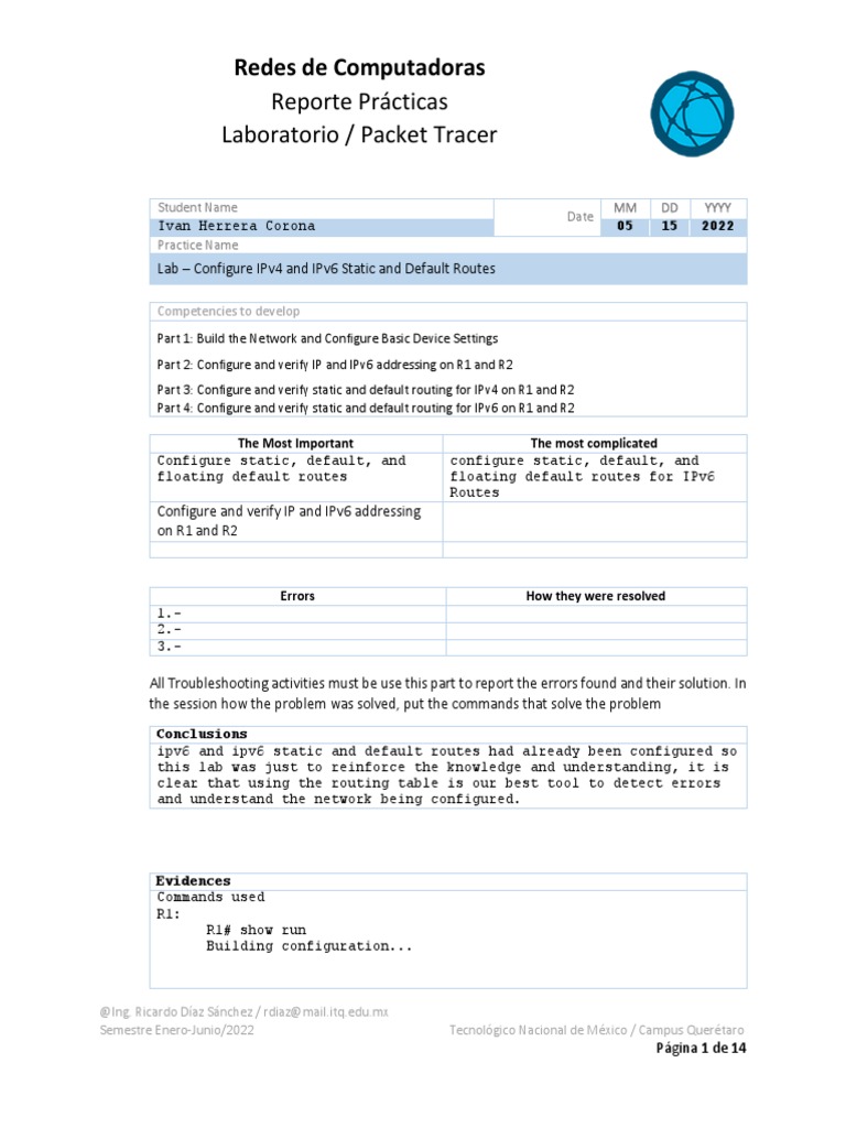 Lab 15.6.2: Configure IPv4 & IPv6 Routes | PDF | I Pv6 | Internet Protocols