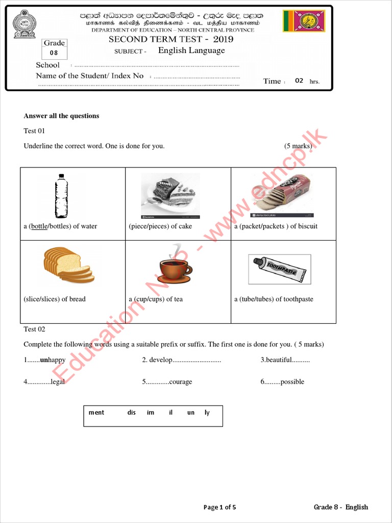 Grade 08 english language 2nd term test paper 2019 north central