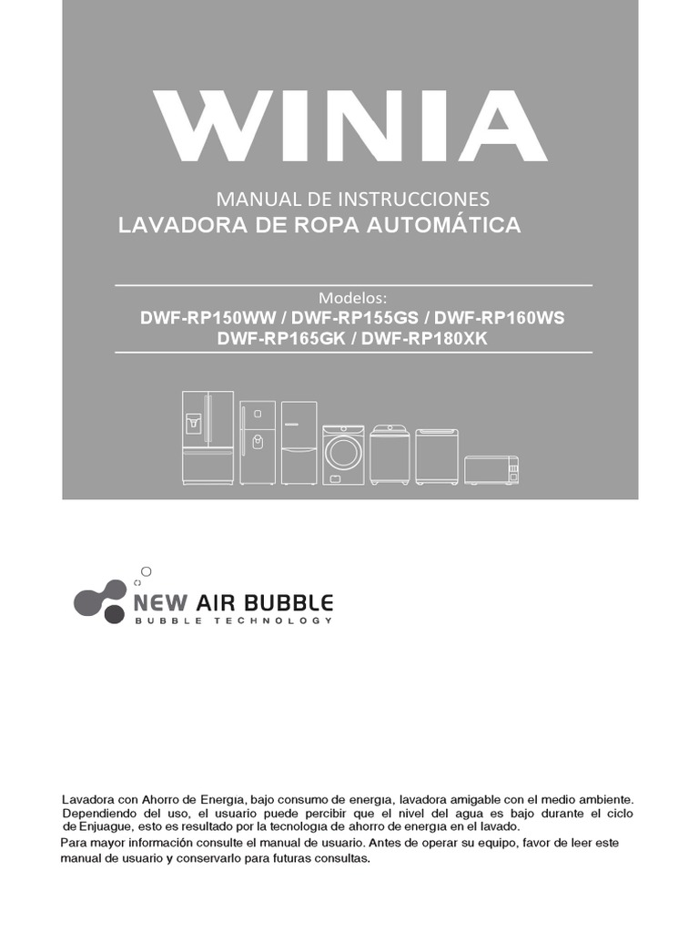 Manual de Usuario WINIA DWF-RP165GK | PDF | Lavadora | Agua