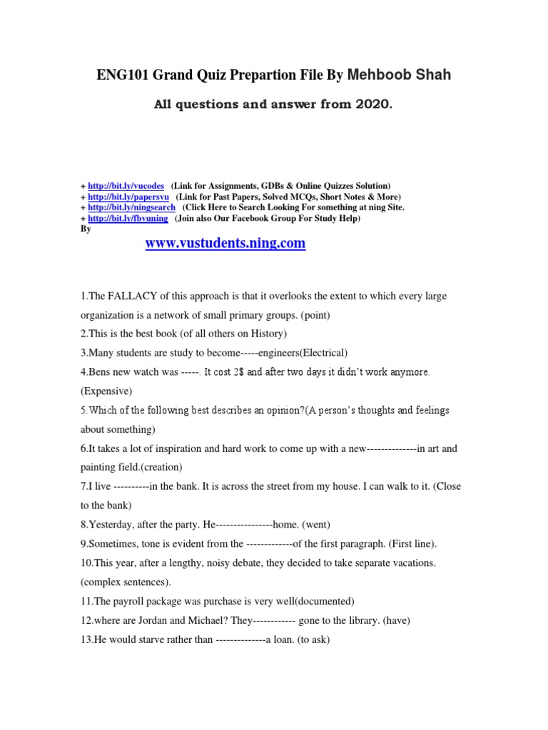ENG101 Quiz Prep: 2020 Questions & Answers | PDF | Verb | Grammar