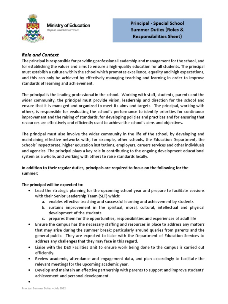 Principal Special School (Summer Duties) Roles & Responsibilities Sheet PDF Special