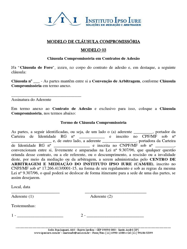Modelo de Cláusula Compromissória | PDF | Arbitragem | Mediação