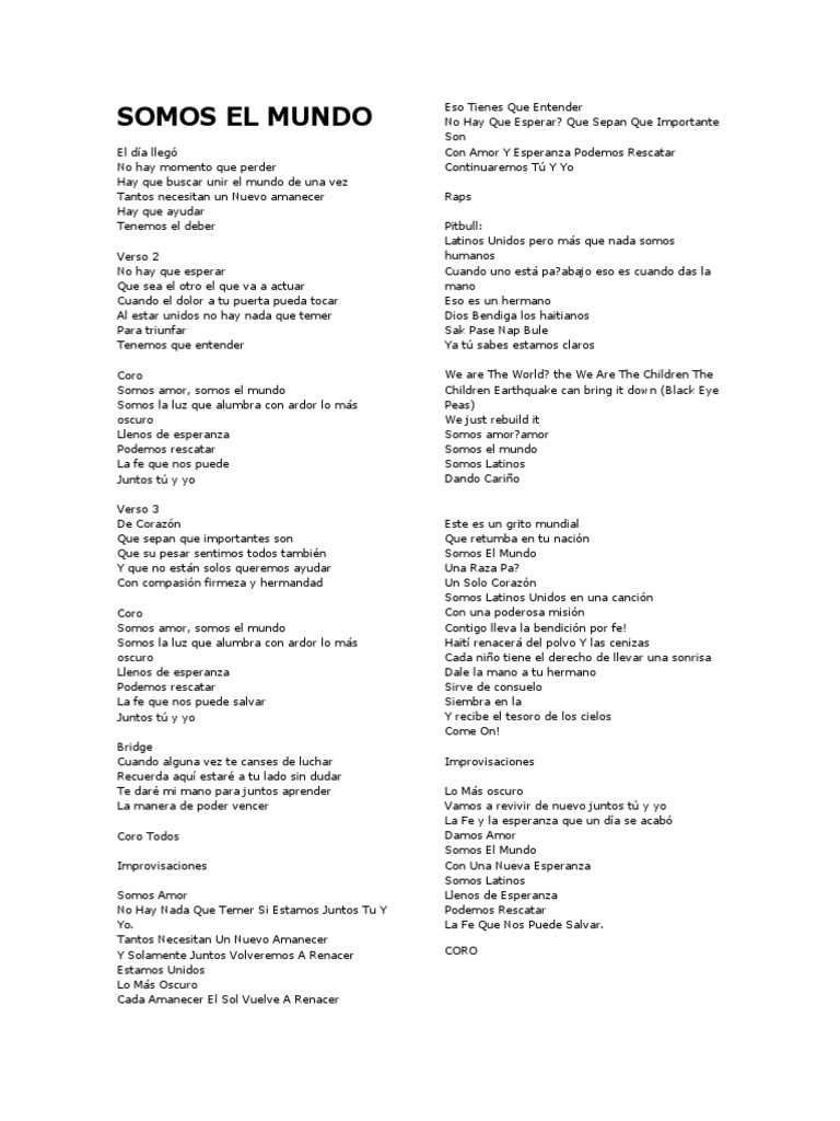 Canción Somos El Mundo Pdf Amor