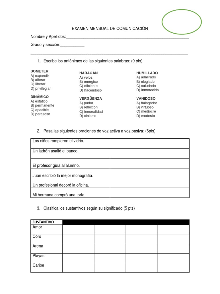 Examen Mensual de Comunicación 4to | PDF