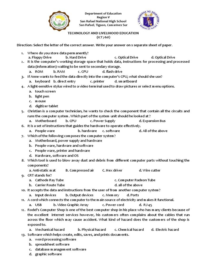 Grade 7 Ict Exam Pdf Computer Hardware Computer Data Storage