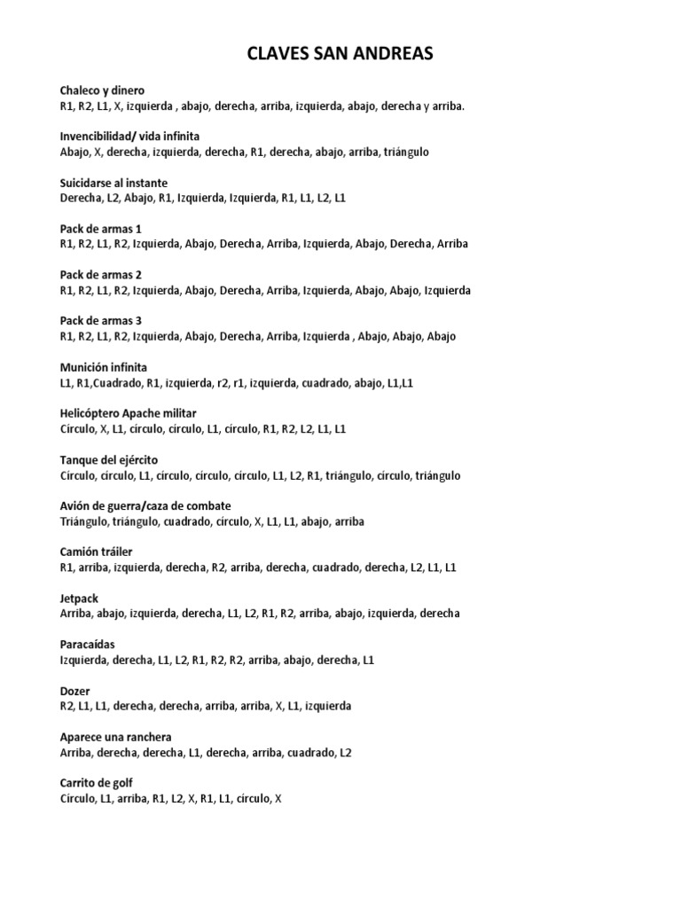 Claves San Andreas PDF Transporte Vehículos