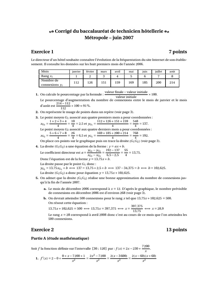 Corrigé Bac 2007 Maths Hôtellerie | PDF | Mathématiques