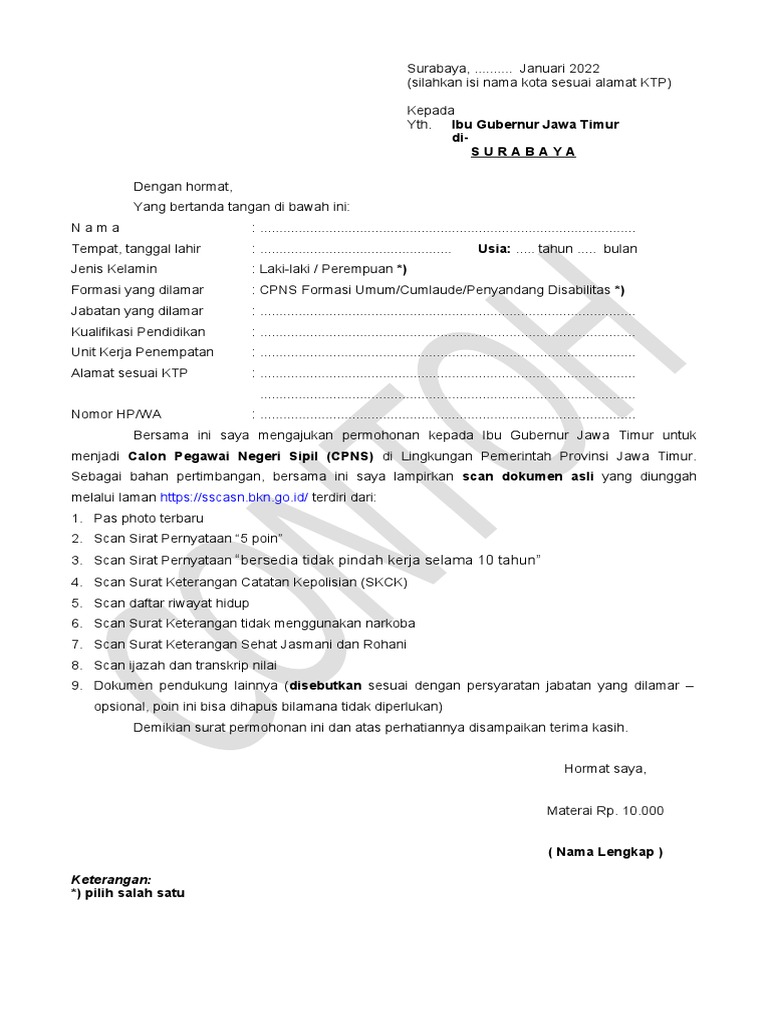 Lampiran 1 surat lamaran cpns pemprov jatim tahun 2021 ke gubernur pdf