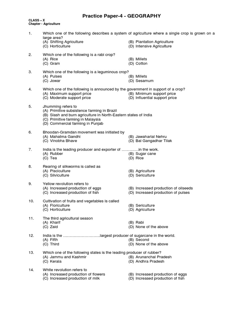Practice TestSST (Geography) Agriculture Class X PDF