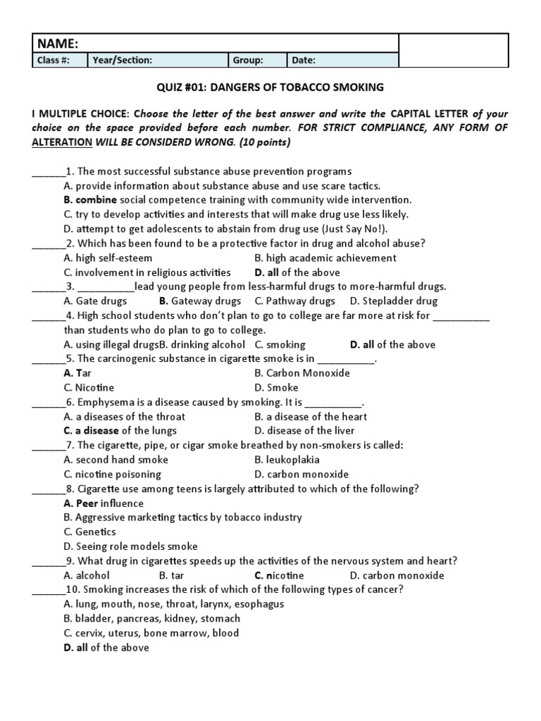 tobacco questions Tobacco Awareness Quiz for Students | PDF | Addiction