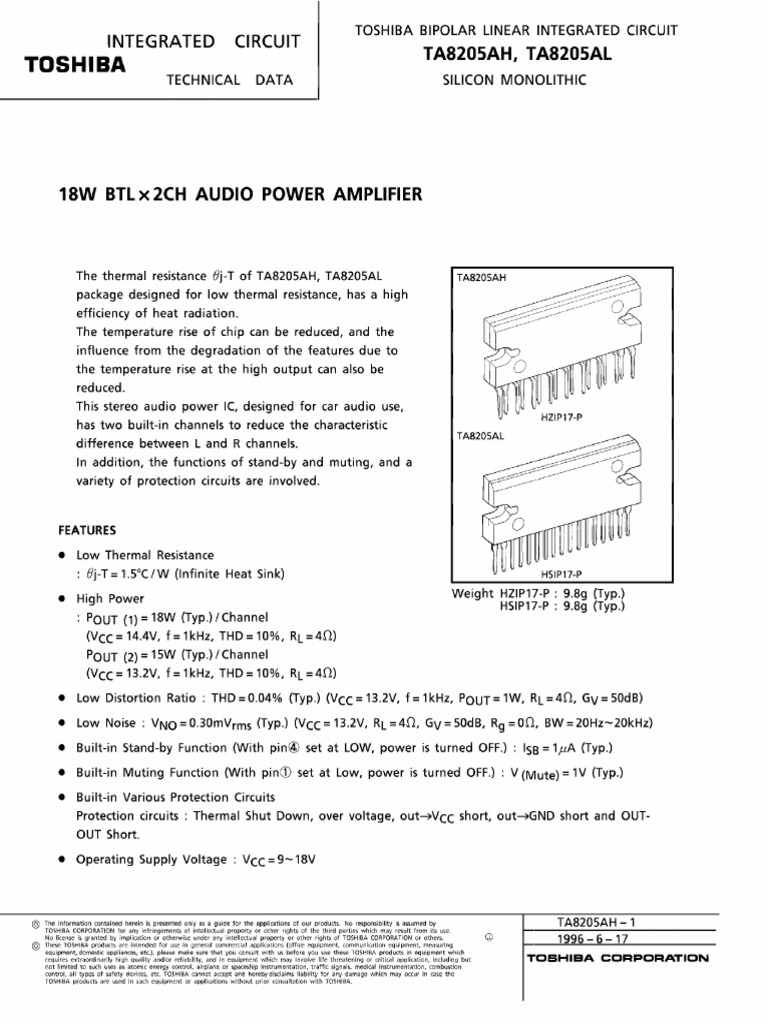 Circuit Intégré Toshiba TA8205AH - Amplificateur Audio Puissance - Neuf, Origine Toshiba