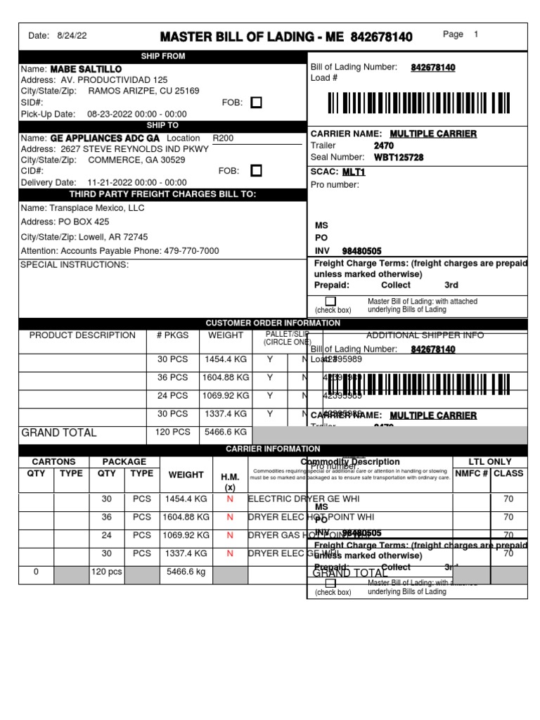 2470 - Bol 842678140 | PDF | Cargo | Bill Of Lading