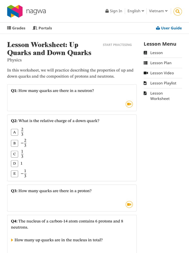 Lesson Worksheet - Up Quarks and Down Quarks - Nagwa | PDF | Atomic ...