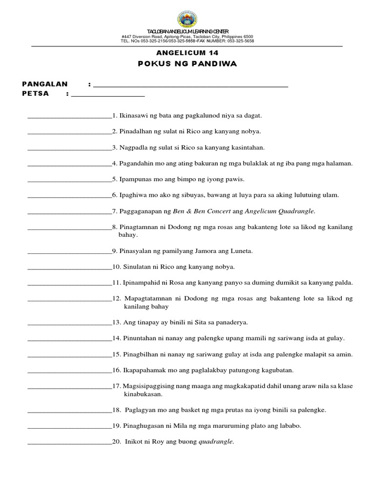 Pokus NG Pandiwa Worksheet PDF