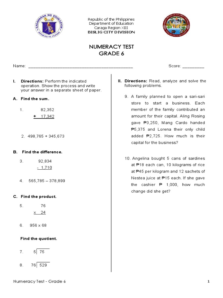 Grade 6 Numeracy Test | PDF | Science | Mathematics