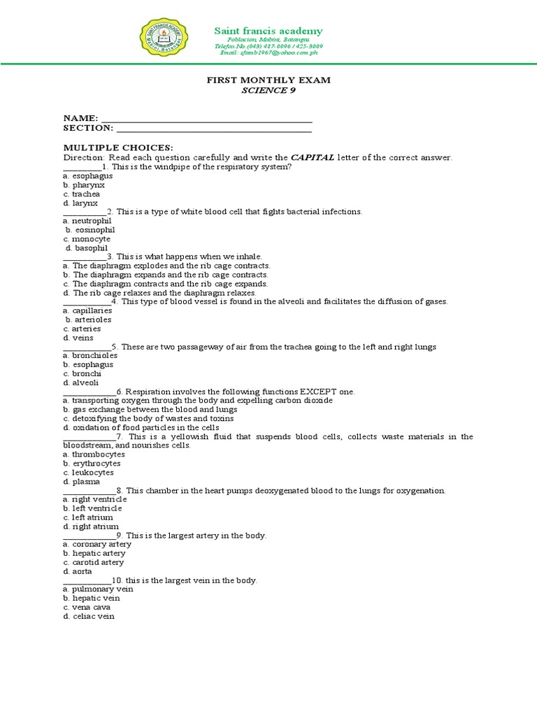 Science 9 Exam: Respiratory & Circulatory Systems | PDF | Lung | Vein