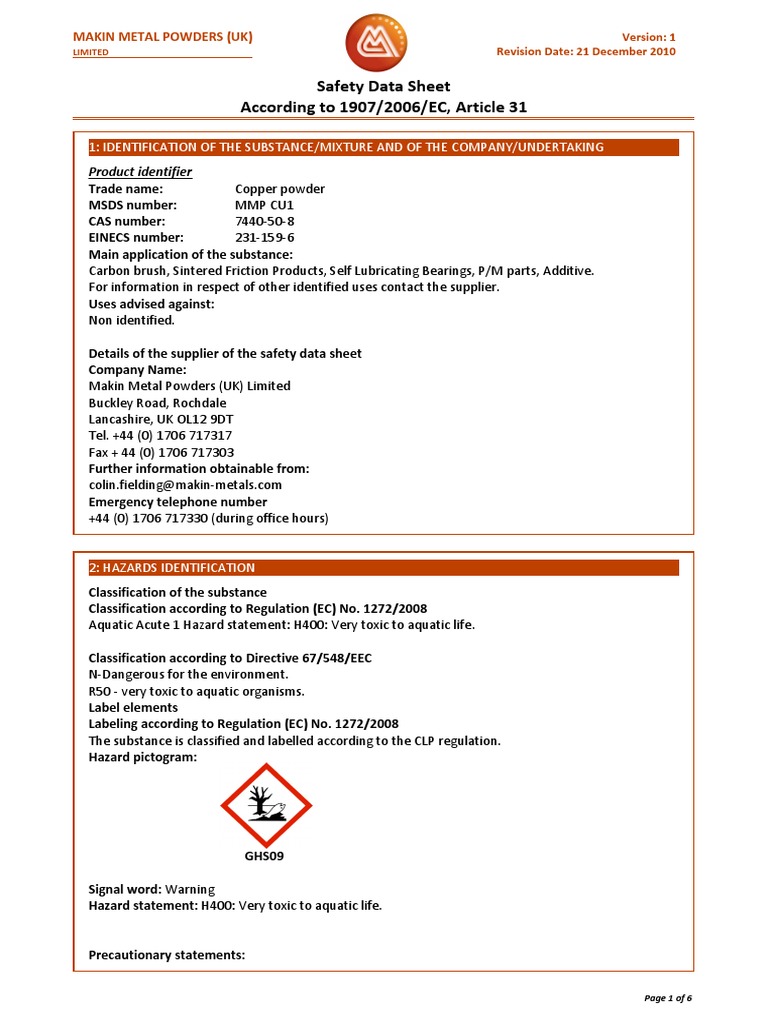 Copper Powder D373 PDF Dangerous Goods Toxicity