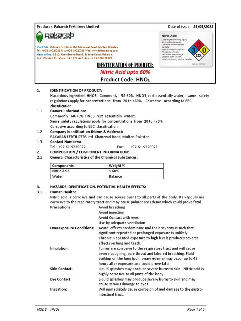MSDS Nitric Acid PDF Nitric Acid Firefighting