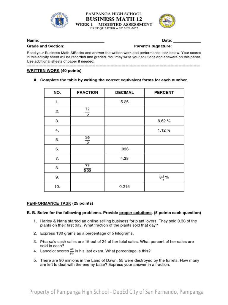 PAMPANGA HIGH SCHOOL BUSINESS MATH 12 WEEK 13 ASSESSMENTS PDF