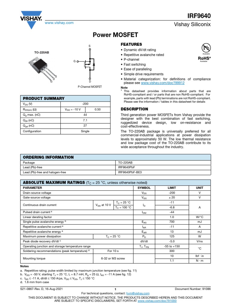 Irf 9640 | PDF | Field Effect Transistor | Diode