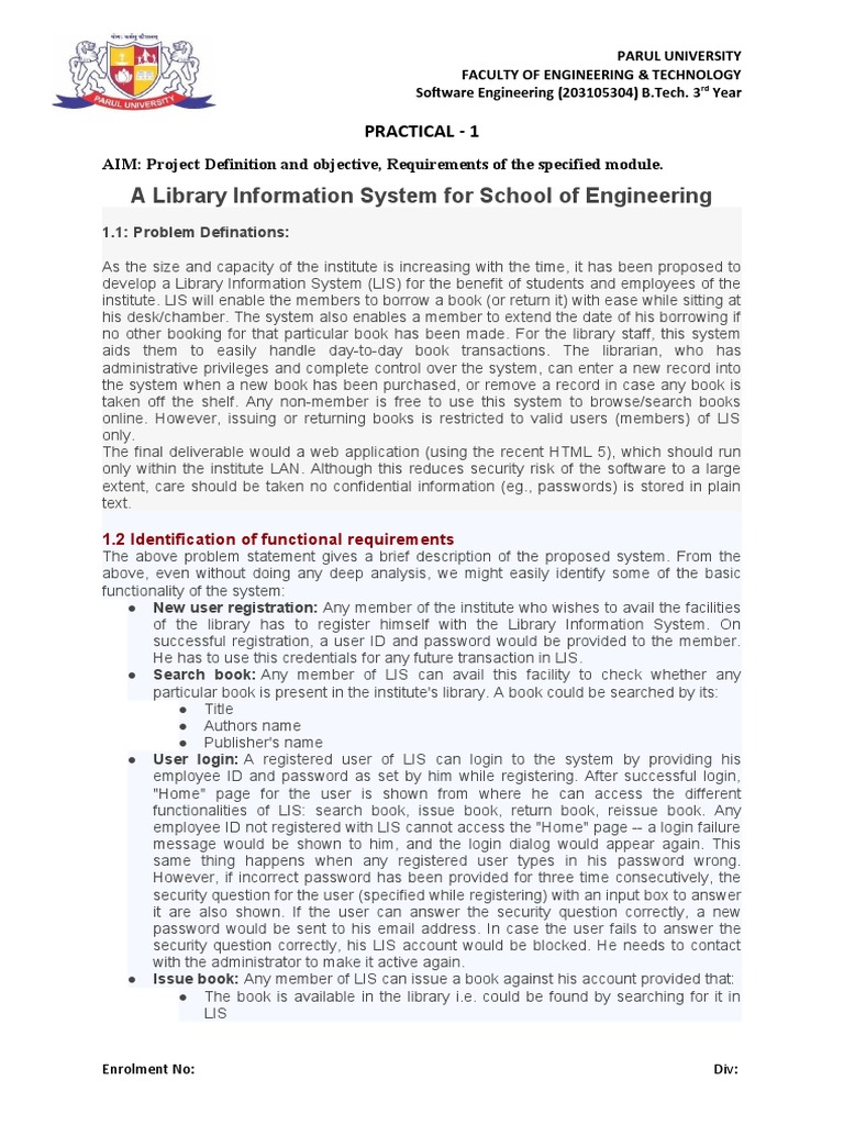 Library Information System Project Requirements PDF Libraries