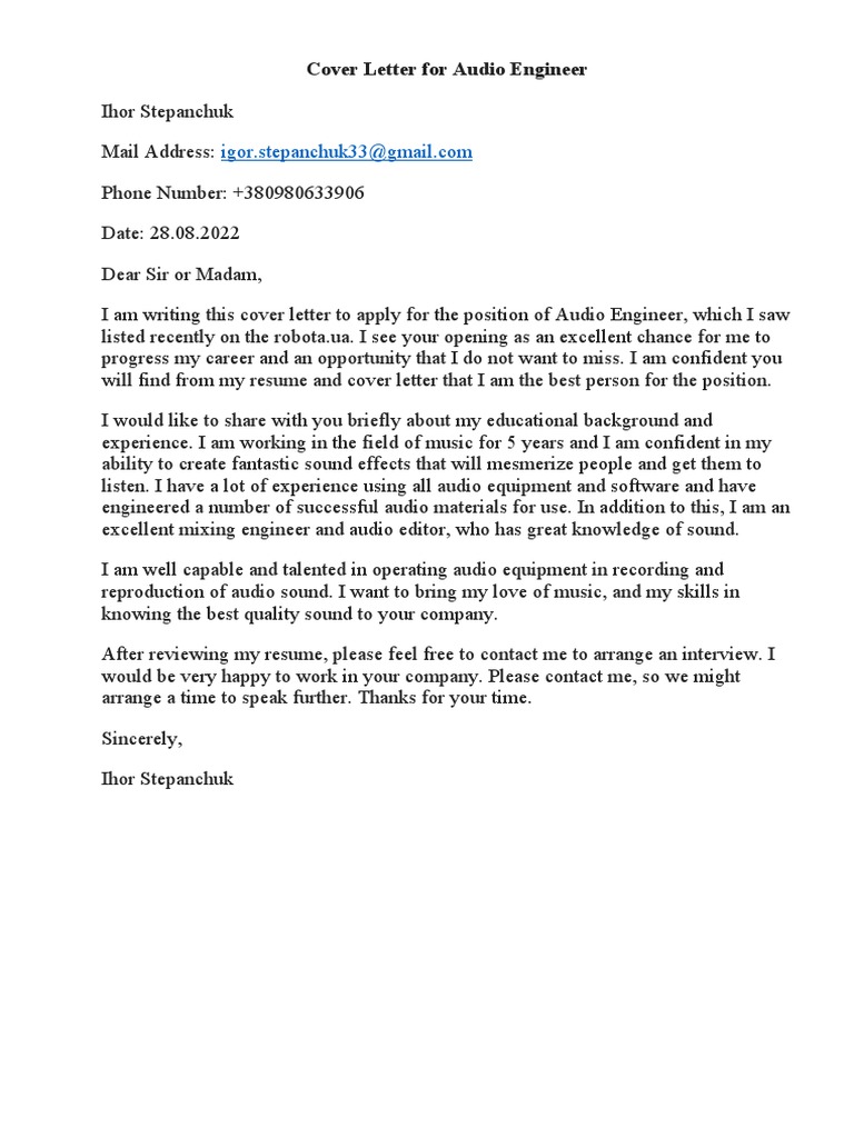 Cover Letter For Audio Engineer | PDF